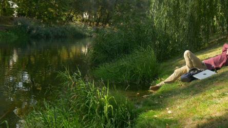 河岸上电脑上的男孩[4K]