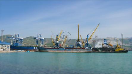 商业港口新罗西斯克的大型集装箱船和起重机[]