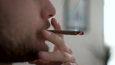 留胡子的男人在室内抽着一支薄薄的雪茄[]