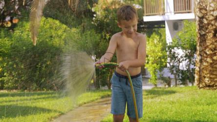 Boy spraying a garden hose[]