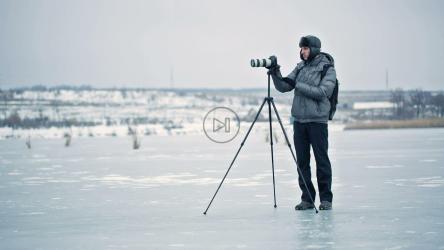 Photographer working in a winter forest[]