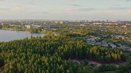 森林和湖边的城市，航拍[4K]