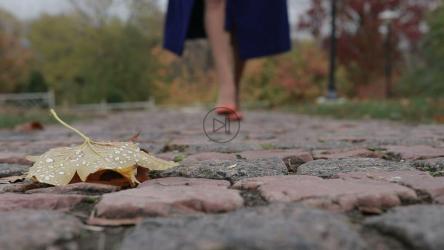 公园里地上的树叶，一个女人走过[]