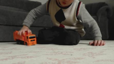 一个男孩在房间的地板上玩手推车[]