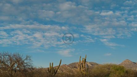 云朵在蓝天上穿行，背景是仙人掌和山脉。[免费商用]
