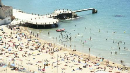 码头旁的海滩挤满了游客[免费商用]