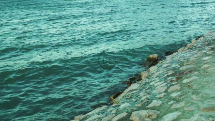 海浪在一个旅游港口靠岸[]