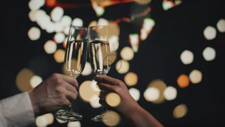 一对幸福的夫妇在聚会上举杯[]