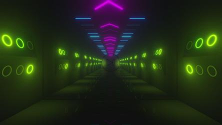 隧道墙上的霓虹灯，尽头有一扇大门[4K]