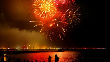 在中国的新年庆典上，不断燃放的烟花照亮了城市和湖泊AI生成 AI Generated:中国的新年庆典在持续而迷人的烟花表演中达到了顶峰，将夜空变成了充满活力的万花筒。星星点点的火花在城市背景下描绘出灿烂的轨迹，在耀眼的灯光和色彩中照亮了整个城市。