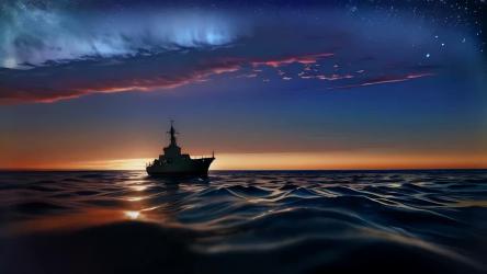 一艘迷人的船只在夜晚变幻的天空下在大海中航行AI生成 AI Generated:在浩瀚的夜海上，一艘迷人的船只优雅地在起伏的海浪中滑翔。它的轮廓在不断变化的夜空画布上勾勒出来，描绘了一幅海上迷人的景象。