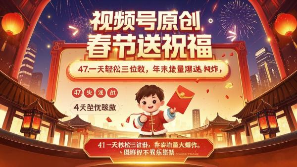 [原创]47.一天轻松三位数，视频号纯原创领域，春节童子送祝福，年末流量大爆炸，[吾爱独家]