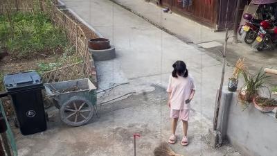 监控记录女生院子打扫时扫帚离奇消失又重现，还附七夕省钱攻略 .铁骨曾曾扫地视频