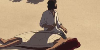 孤岛上男人与海龟变的女子成家育子，历经波折后男子离世海龟回归大海 .红海龟