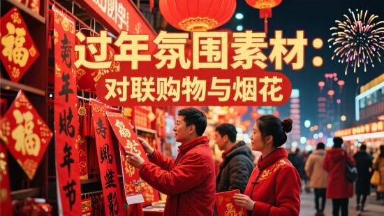 过年氛围素材：对联购物与烟花