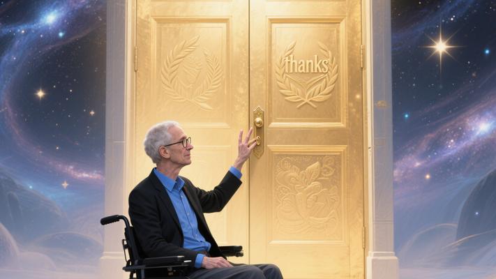 霍金在轮椅上用三根手指叩响感恩之门的故事