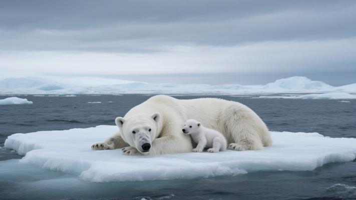 北极浮冰上北极熊饥饿母亲与幼崽的生存纪实