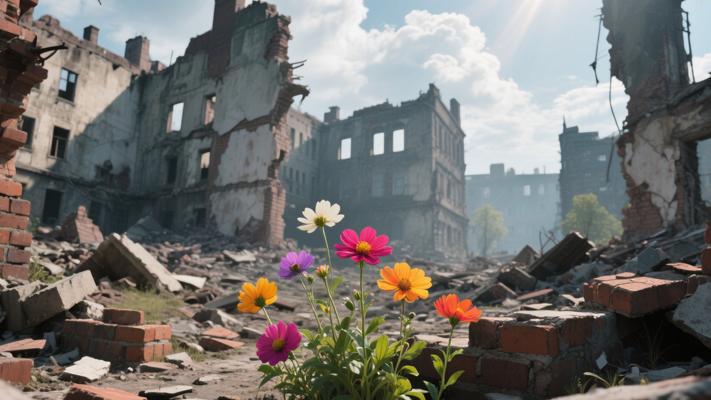 二战后德国废墟中鲜花绽放彰显民族复兴希望