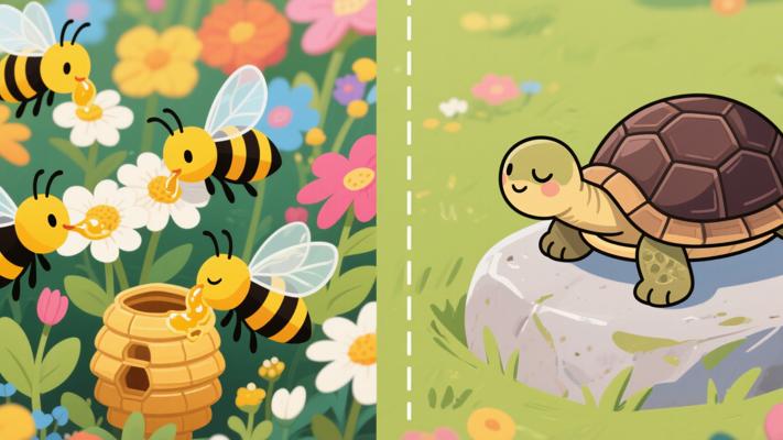 蜜蜂忙碌采蜜与乌龟静养生活方式对比的故事