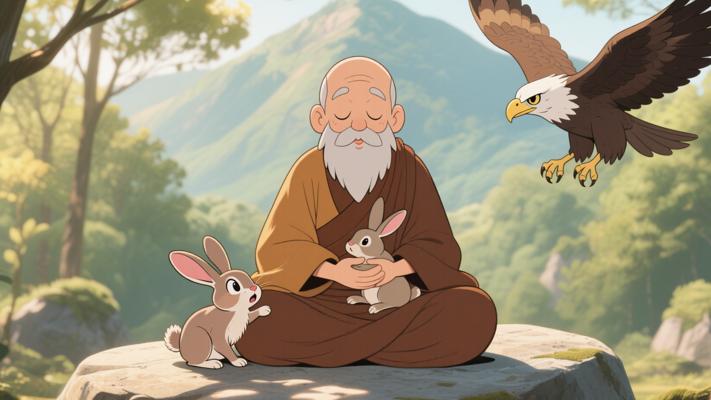 老僧打坐遇鹰追野兔入怀泰然处之释因缘