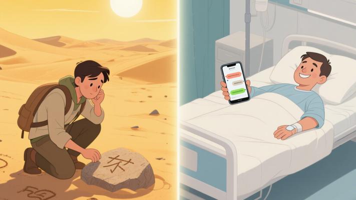 沙漠旅者刻沙铭石悟友道病榻挚友短信传情暖人心