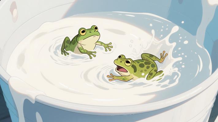 两只青蛙跌落牛奶桶求生展现危机中机遇的故事