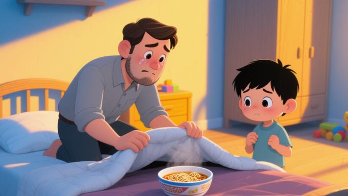 单亲爸爸误责幼子发现棉被下藏着暖心泡面的温情故事
