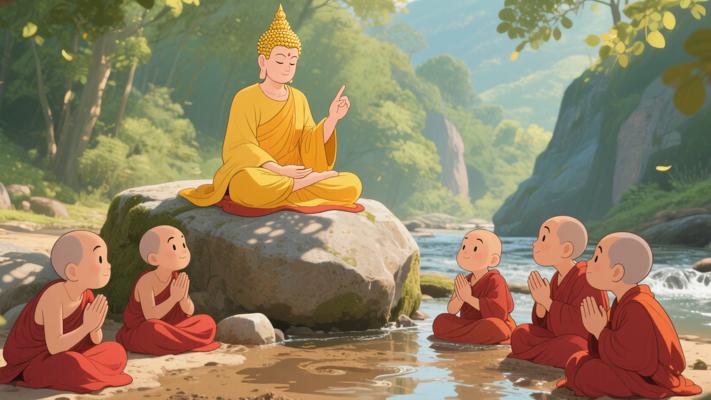 佛陀教弟子罗汉等待溪水变清澈领悟处事之道