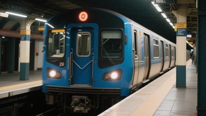 垂直镜头蓝色地铁驶离车站背景素材