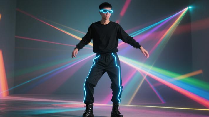 赛博朋克眼镜男激光灯下舞动抽象场景
