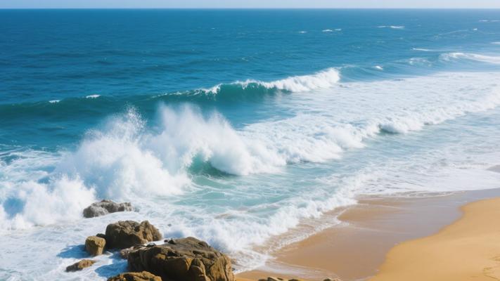 无人机视角下海浪拍打海岸高清素材