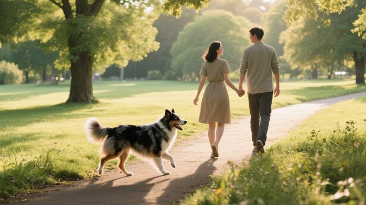 夫妇与澳大利亚牧羊犬公园漫步生活场景