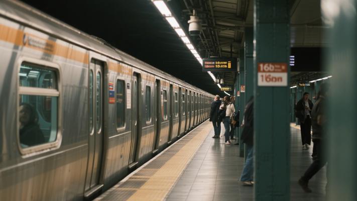 垂直镜头地铁到站含乘客场景素材