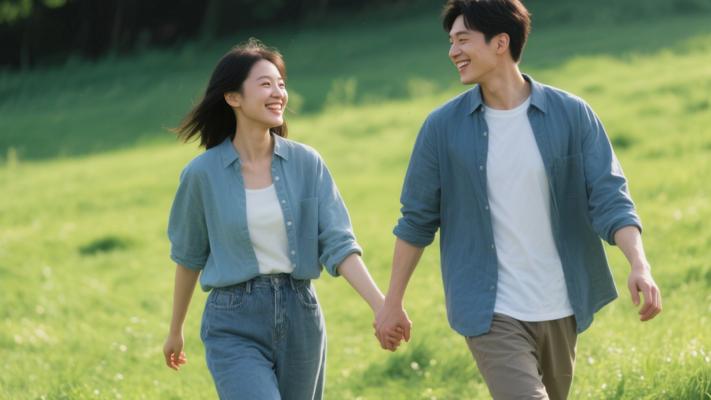 高清情侣手牵手穿过草地特写浪漫镜头素材