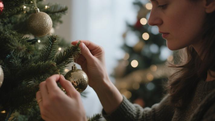 圣诞节妇女精心装饰圣诞树特写镜头素材
