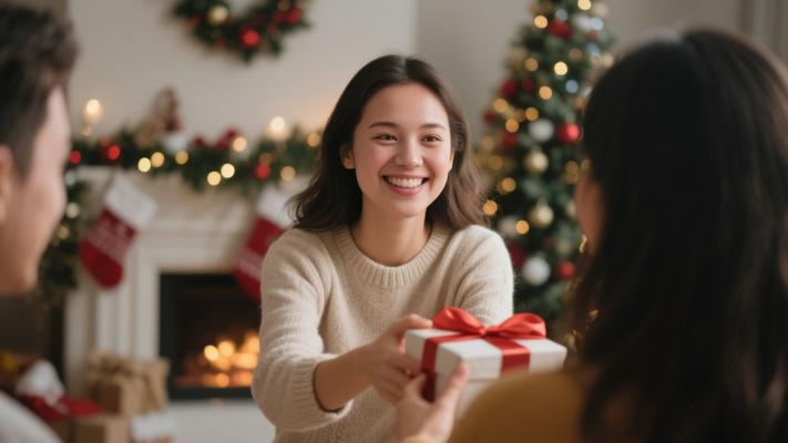 圣诞节女人向朋友赠礼温馨场景剧照素材