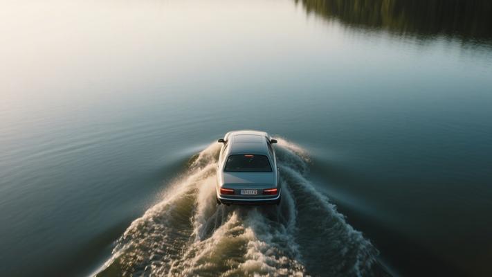 无人机航拍汽车驶过湖面慢镜头素材