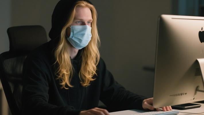 金发长发黑客戴口罩坐电脑前特写镜头素材