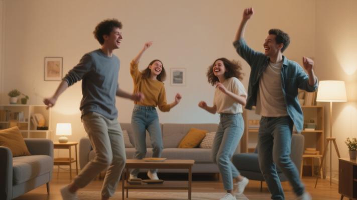 客厅中朋友相聚共舞的欢乐时光素材