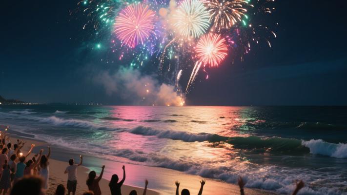 烟花照亮海滩与海面的庆祝场景镜头