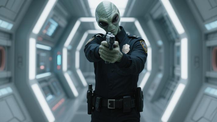 外星警官太空走廊掏枪科幻场景素材