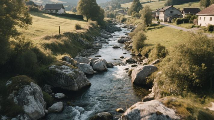 飞越乡村岩石小溪空中漫步抽象美景