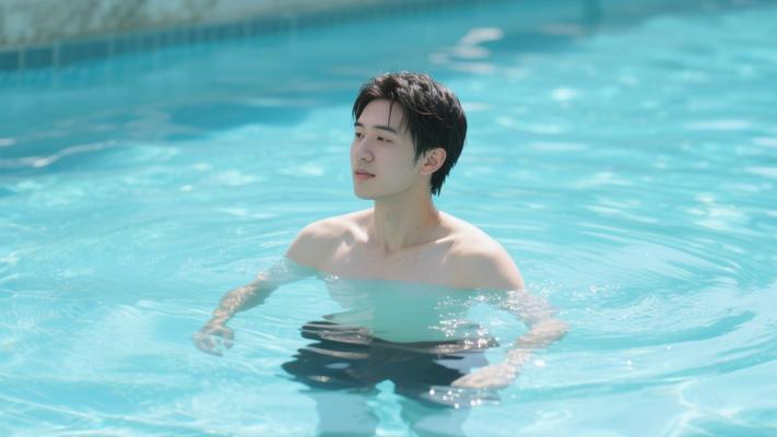 阳光明媚日年轻人清澈池水游泳素材文案