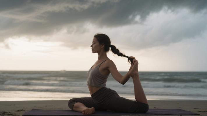 风暴海边女士瑜伽练习前系发镜头素材