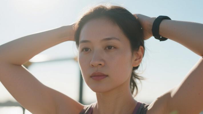 阳光明媚日女人锻炼准备特写镜头素材