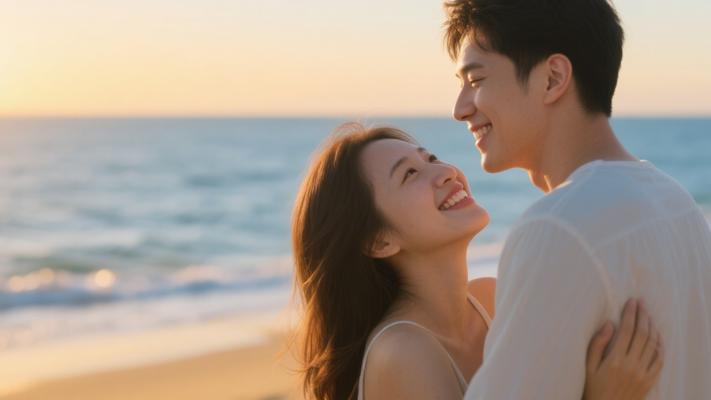 恩爱情侣海滩亲密时刻侧视特写素材