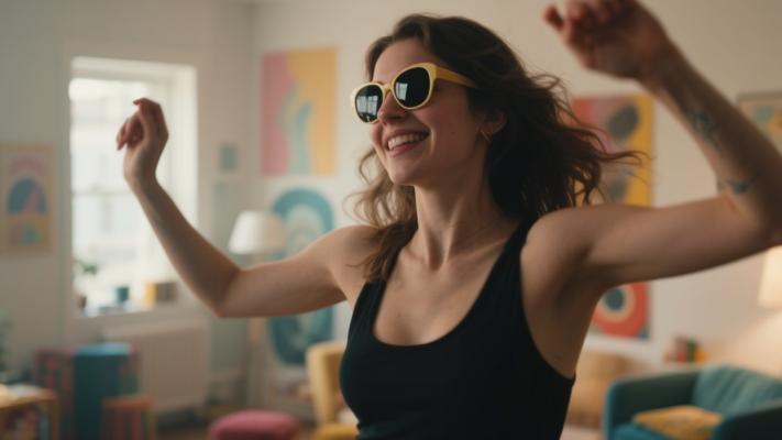 时尚墨镜女子活力房间热舞视频素材