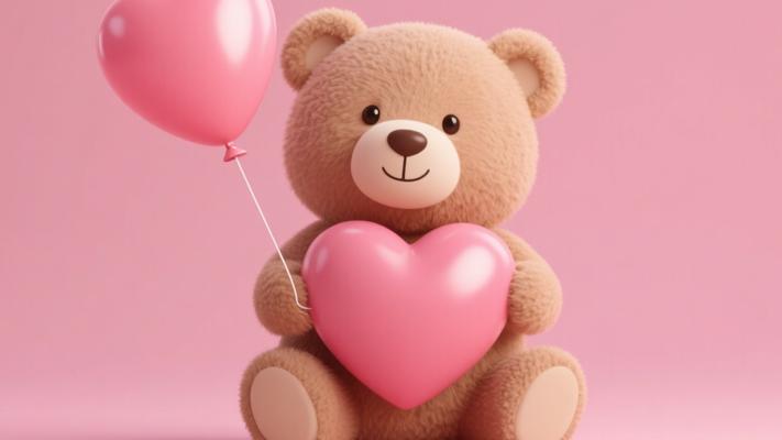 可爱泰迪熊持心形气球粉色背景素材