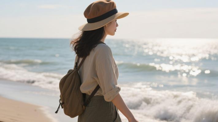 戴着帽子的女人海岸漫步旅行镜头文案