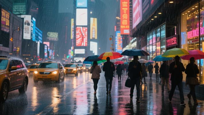 雨夜时代广场与车流行人交织的繁华画面